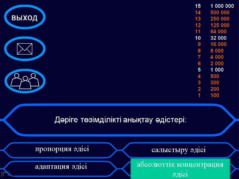 Дәріге төзімділікті анықтау әдістері: адаптация әдісі  пропорция әдісі   салыстыру әдісі 